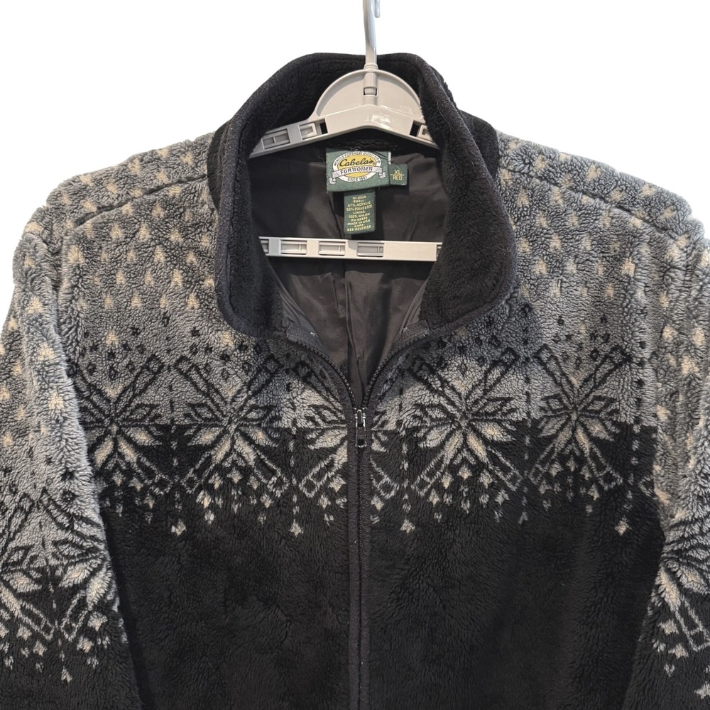 Cabelas Womens Fleece Jacket Black Gray Snowflake Full Zip Outerwear XL VTG